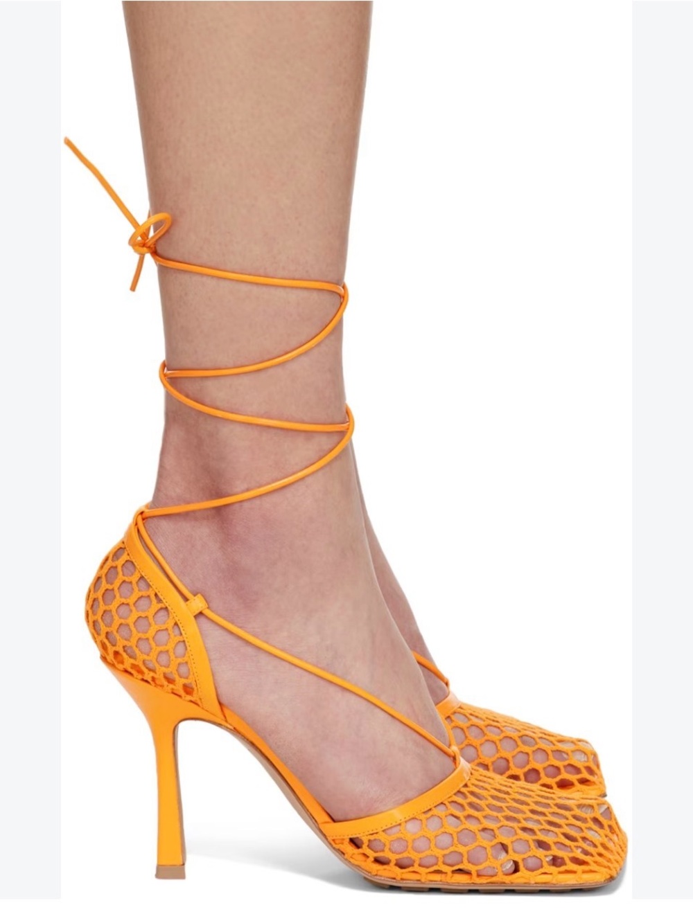 New Bottega Veneta Bright Orange Mesh Lace-Up Pointed-Toe Heels